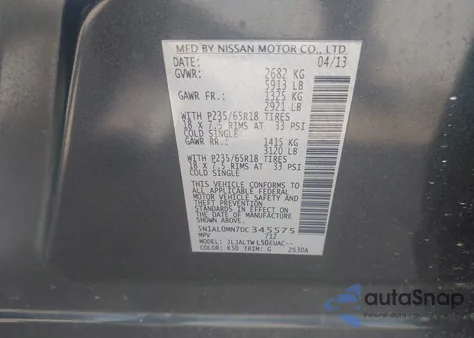 2013 Infiniti Jx35 z USA, uszkodzony, nr VIN 5N1AL0MN7DC345575